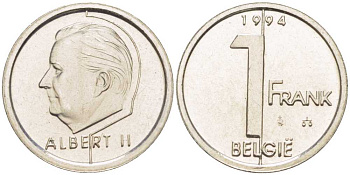 БЕЛЬГИЯ 1 ФРАНК 1994 BELGIE, АЛЬБЕРТ II (1993-) KM 188 железо плакированное никелем 3851-1151
