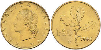 Италия 20 лир 1996 R, дубовый лист KM 97.2 алюминиевая бронза  UNC  4594-1048