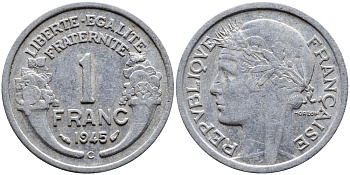ФРАНЦИЯ 1 ФРАНК 1945 C KM 885a.3 алюминий 4393-1136