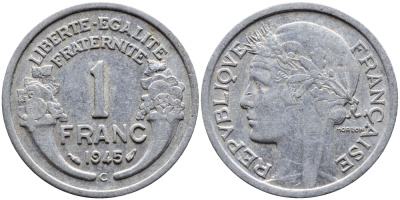 ФРАНЦИЯ 1 ФРАНК 1945 C KM 885a.3 алюминий 4393-1136