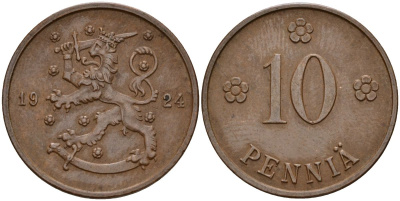 Финляндия 10 пенни 1924 республика (1918-1962) KM 24 медь 46-1031