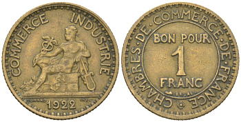 Франция 1 франк 1922 KM 876 алюминиевая бронза 113-821