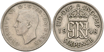 Великобритания 6 пенсов 1948 Георг VI (1936-1952) KM 875, Spink 4105 медно-никель 4596-1031