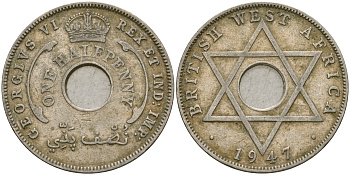 Британская Западная Африка 1/2 пенни 1947 H, Георг VI KM 18 медно-никель 25-1026