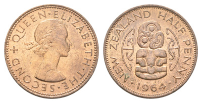 Новая Зеландия 1/2 пенни 1964 Елизавета II (1952-2022), божество Хей-Тики KM 23.2 бронза UNC M78-03