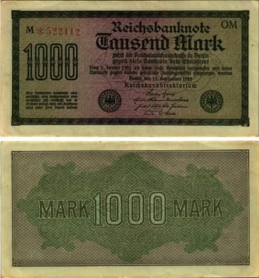 ГЕРМАНИЯ 1000 МАРОК 1922 15 СЕНТЯЬРЯ 1922, ВОДЯНОЙ ЗНАК J, ЗЕЛЁНАЯ БУМАГА, 6 ЦИФР В НОМЕРЕ, СЕРИЯ ОМ Pick 76g, Розенберг 75q бумага XF 8615-2-1-1