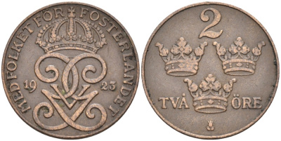 Швеция 2 эре 1923 Густав V (1907-1950) KM 778 бронза 63-1134