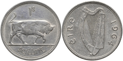 ИРЛАНДИЯ 1 ШИЛЛИНГ 1964 БЫК KM 14а медно-никель 89-554