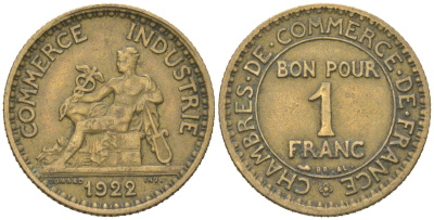 Франция 1 франк 1922 KM 876 алюминиевая бронза 113-821