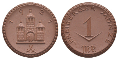 Фрайберг 1 марка 1921 Men05 8084.12, Men18 10080.12, Scheuch 123a фарфор 1094-10-44