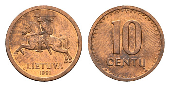 Литва 10 центов (сентов) 1991 год-тип KM 88 бронза aUNC 4651-345