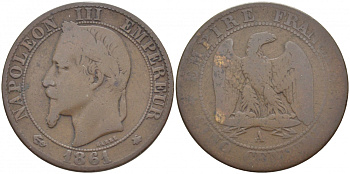ФРАНЦИЯ 5 САНТИМОВ 1861 K, НАПОЛЕОН III (1852-1870) KM 797.3, LE FRANC 117.4 бронза 4448-125