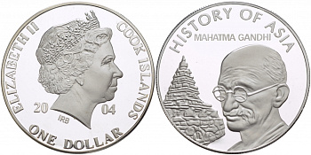 Острова Кука 1 доллар 2004 история Азии, Махатма Ганди KM 1156 медно-никель PROOF 05-086-23