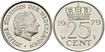 Нидерланды 25 центов 1979 Юлиана (1949-1980) KM 183 никель 96-252