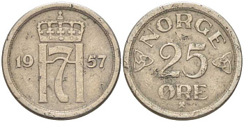НОРВЕГИЯ 25 ЭРЕ 1957 ХАКОН VII (1905-1957) KM 401 медно-никель 211-1217