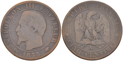 Франция 5 сантимов 1855 A, Наполеон III (1852-1870) KM 777.1, LE FRANC 116.17 бронза 4448-1242