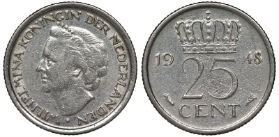 Нидерланды 25 центов 1948 Вильгельмина (1895-1948) KM 178 никель 4122-122