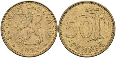 ФИНЛЯНДИЯ 50 ПЕННИ 1972 S KM 48 алюминиевая бронза 4563-425