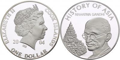 Острова Кука 1 доллар 2004 история Азии, Махатма Ганди KM 1156 медно-никель PROOF 05-086-23