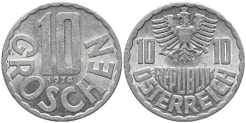 АВСТРИЯ 10 ГРОШЕЙ 1974 KM 2878 алюминий 4364-2451