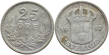 Швеция 25 эре 1917 W, Густав V (1907-1950) KM 785 серебро 1530-833