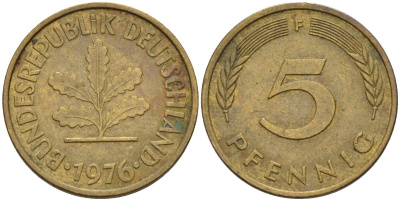ФРГ 5 пфеннигов 1976 F KM 107, J.382 сталь плакированная латунью 4151-1237