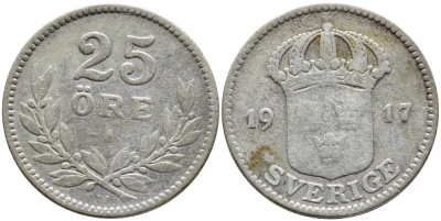 Швеция 25 эре 1917 W, Густав V (1907-1950) KM 785 серебро 1530-833