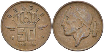 БЕЛЬГИЯ 50 САНТИМОВ 1964 BELGIE KM 149.1 бронза 4396-427