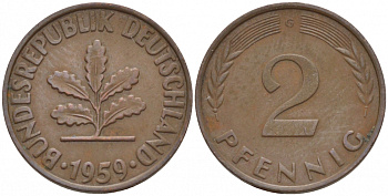 ФРГ 2 ПФЕННИГА 1959 G KM 106, J. 381 бронза 4547-1133