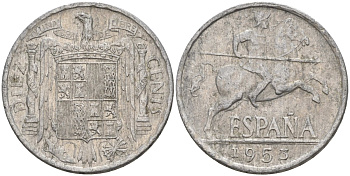 Испания 10 сентимо 1953 Франсиско Франко (1939 - 1975) KM 766 алюминий 4155-252