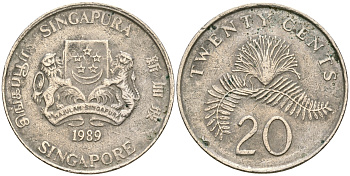 Сингапур 20 центов 1989 KM 52 медно-никель 4364-2535