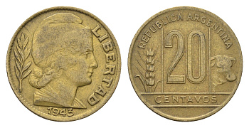 Аргентина 20 сентаво 1943 KM 42 алюминиевая бронза 4664-615
