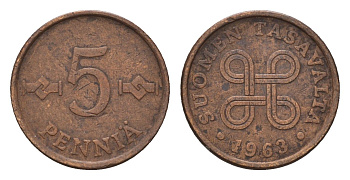 Финляндия 5 пенни 1963 KM 45 медь 4617-513