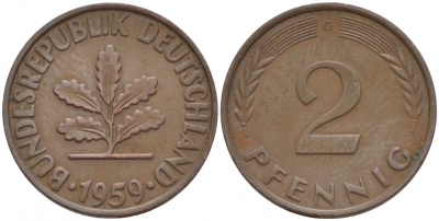 ФРГ 2 ПФЕННИГА 1959 G KM 106, J. 381 бронза 4547-1133
