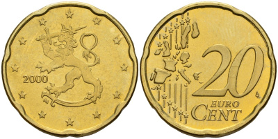 Финляндия 20 евроцентов 2000 из ролла KM 102 нордик UNC M57-07
