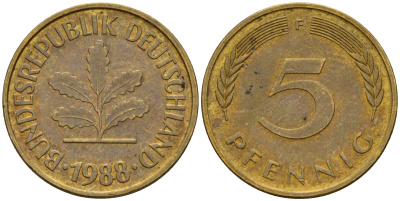 ФРГ 5 пфеннигов 1988 F J.382, KM 107 сталь плакированная латунью    4598-1056