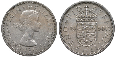 Великобритания 1 шиллинг 1956 Елизавета II (1952-2022), Английский герб KM 904, Spink 4147 медно-никель 4122-1034
