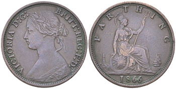 Великобритания 1 фартинг 1866 Виктория (1837-1901) KM 747.2, Spink 3958 бронза 4613-423