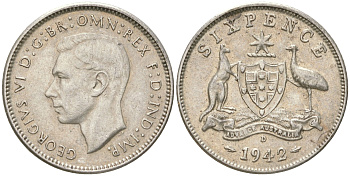 Австралия 6 пенсов 1942 D, Георг V (1936-1952) KM 38 серебро 4623-225