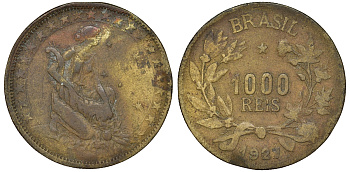 Бразилия 1000 рейс 1927 фигура с рогом изобилия вправо KM 525 алюминиевая бронза 51-754