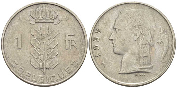 БЕЛЬГИЯ 1 ФРАНК 1958 BELGIQUE, БОДУЭН I (1951-1993) KM 142.1 медно-никель 119-447