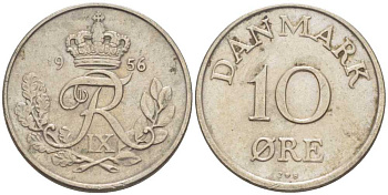 ДАНИЯ 10 ЭРЕ 1956 C; S, ФРЕДЕРИК IX (1947-1972) KM 841.2 медно-никель 4387-732