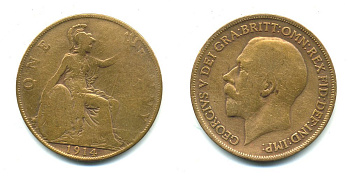 Великобритания 1 пенни 1914 Георг V (1910-1936) KM 810, Spink 4051 бронза 23-1353