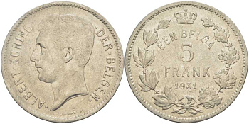 БЕЛЬГИЯ 5 ФРАНКОВ 1931 АЛЬБЕРТ I, DER BELGEN KM 98 никель 3851-341