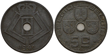 Бельгия 5 сантимов 1941 Belgique - Belgie, Леопольд III (1934-1947), германская оккупация, Вторая мировая война KM 123 цинк 4160-1117