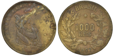 Бразилия 1000 рейс 1927 фигура с рогом изобилия вправо KM 525 алюминиевая бронза 51-754