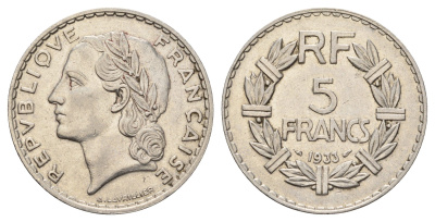 Франция 5 франков 1933 KM 888 никель 4120-925