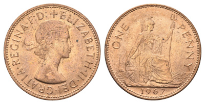 Великобритания 1 пенни 1967 Елизавета II (1952-2022) KM 897, Spink 4157 бронза UNC 4661-1016