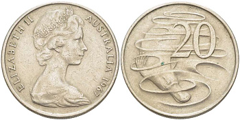 Австралия 20 центов 1967 Елизавета II (1952-2022), утконос KM 66 медно-никель 4521-115