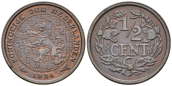 Нидерланды 1/2 цента 1934 Вильгельмина (1890-1948) KM 138 бронза 4576-419